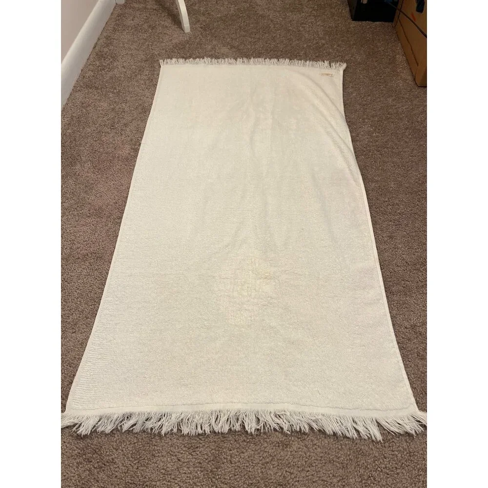 Vtg Cannon White Bath Towel With Fringe & Yellow 